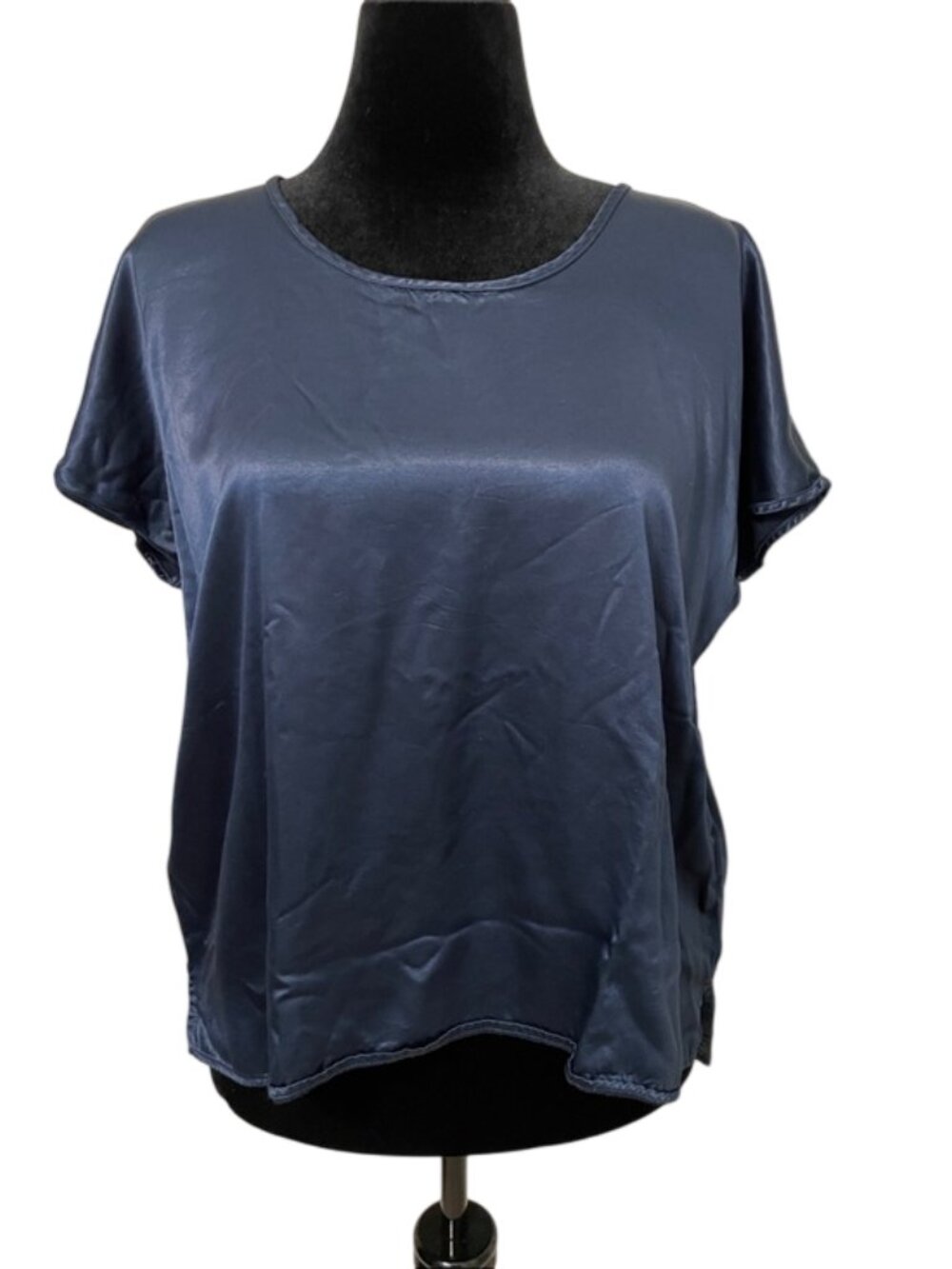 PJ Harlow Roxxy Lounge Sleep Top Womens M Navy Blue Satin Faille Short Sleeve
